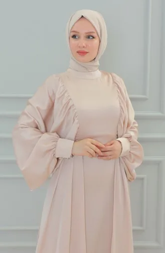 Satin Abendkleid mit Ballonärmeln 6020A-02 Beige 6020A-02