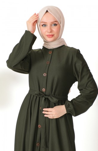 فستان بتصميم أزرار بحزام  7878-03 أخضر عسكري 7878-03