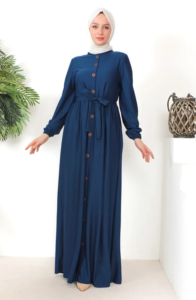 Button Detailed Belted Dress 7878-06 Indigo 7878-06