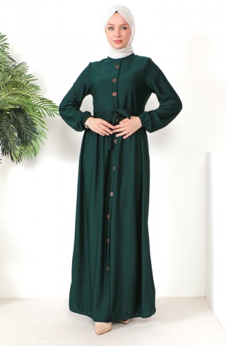 Button Detailed Belted Dress 7878-07 Emerald Green 7878-07