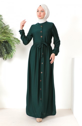 Button Detailed Belted Dress 7878-07 Emerald Green 7878-07