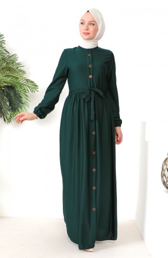 Button Detailed Belted Dress 7878-07 Emerald Green 7878-07