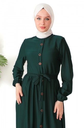فستان بتصميم أزرار بحزام  7878-07 أخضر زمردي 7878-07