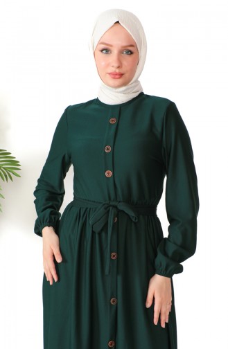 Button Detailed Belted Dress 7878-07 Emerald Green 7878-07