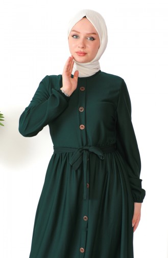 Button Detailed Belted Dress 7878-07 Emerald Green 7878-07