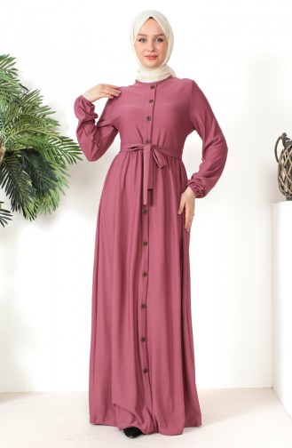 Button Detailed Belted Dress 7878-10 Dusty Rose 7878-10