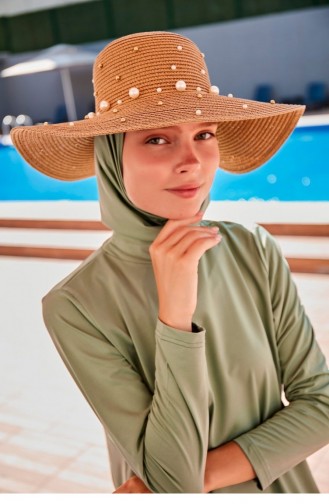Camel Wide Straw Hat With Pearls 1423210 1423210 Camel