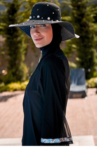 Black Wide Straw Hat With Pearls 1423210 1423210 Siyah