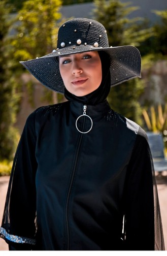 قبعة قش سوداء واسعة مع اللؤلؤ 1423210 1423210 Siyah