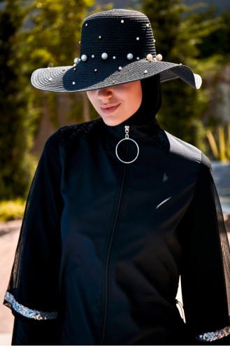 Black Wide Straw Hat With Pearls 1423210 1423210 Siyah