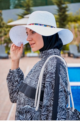 Wide Straw White Hat With Pompom Stripe 1423216 1423216 Beyaz