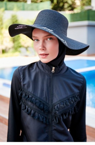 Written Black Straw Flared Hat 142329 142329 Siyah