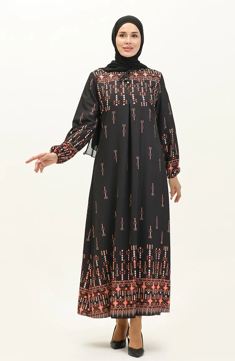 Robe Imprimée Digitale 1113-02 Noir Orange 1113-02