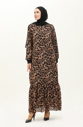 Ribanalı Desenli Vual Elbise 0129-02 Siyah Kahverengi