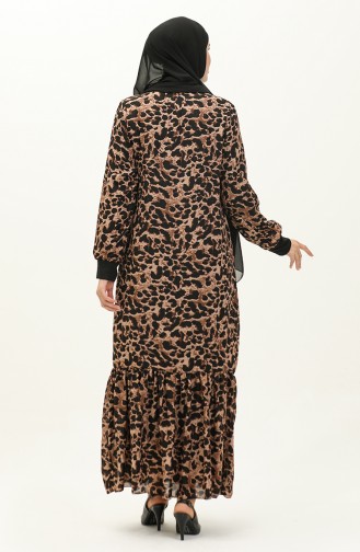 Ribanalı Desenli Vual Elbise 0129-02 Siyah Kahverengi