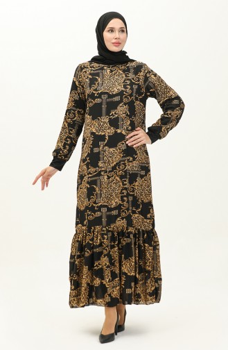 Ribanalı Desenli Vual Elbise 0129C-01 Siyah Camel