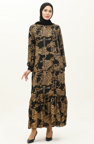 Ribanalı Desenli Vual Elbise 0129C-01 Siyah Camel 0129C-01