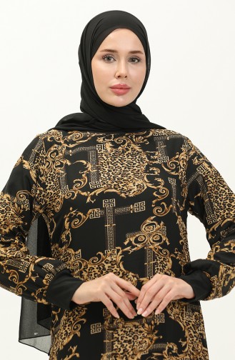 Ribanalı Desenli Vual Elbise 0129C-01 Siyah Camel 0129C-01