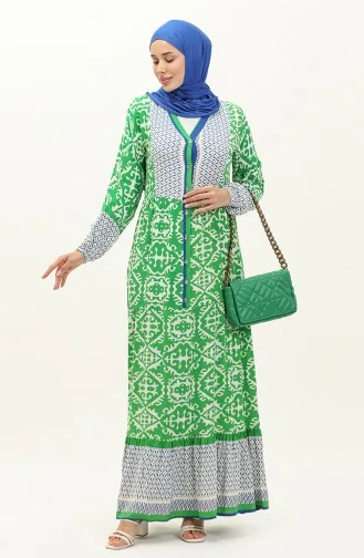 Desenli Viskon Elbise 0137-01 Yeşil Saks