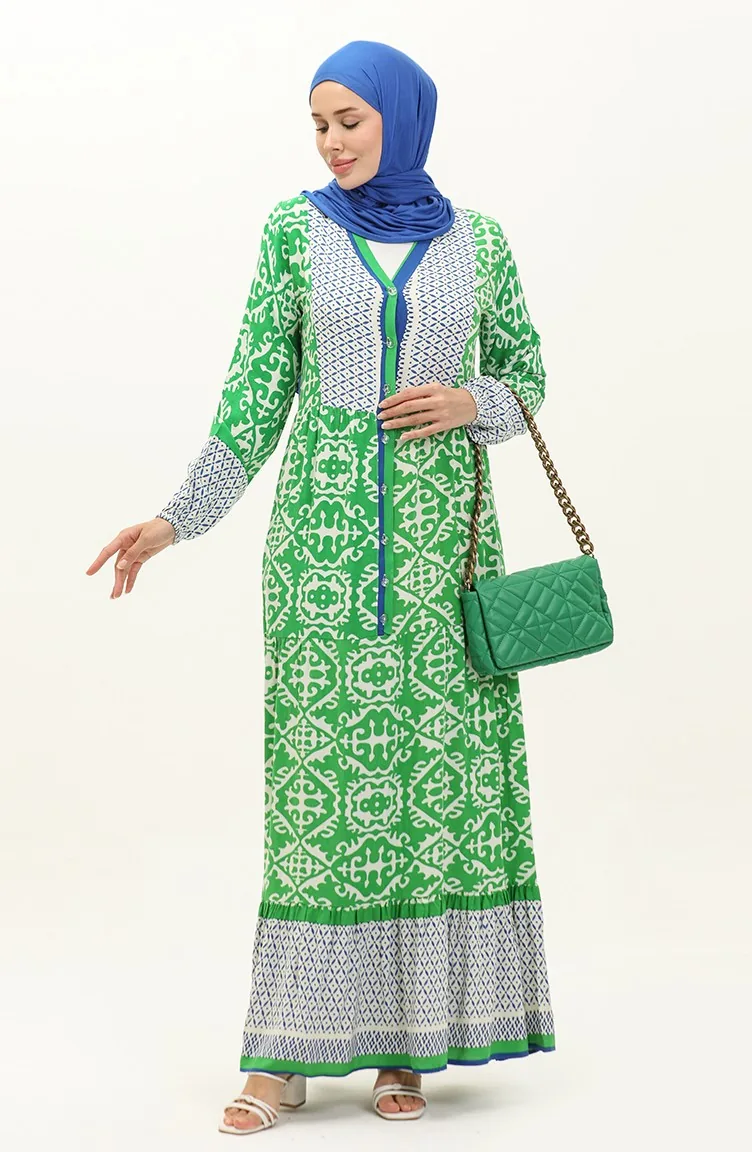 Desenli Viskon Elbise 0137-01 Yeşil Saks
