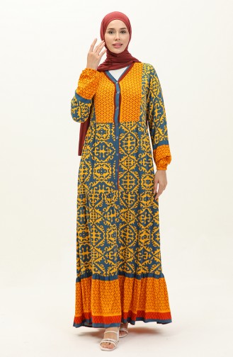 Patterned Viscose Dress 0137-04 Indigo Mustard 0137-04