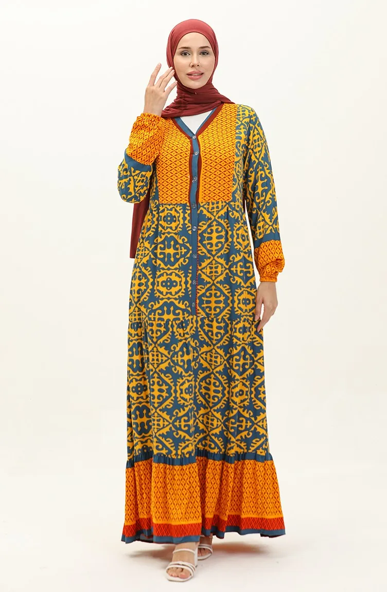 Robe Viscose à Motifs 0137-04 İndigo Moutarde 0137-04
