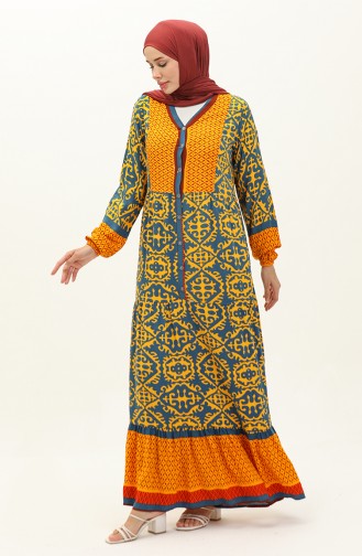 Patterned Viscose Dress 0137-04 Indigo Mustard 0137-04