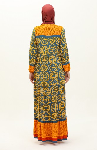 Patterned Viscose Dress 0137-04 Indigo Mustard 0137-04