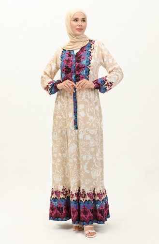 Patterned Viscose Dress 0139-01 Beige Plum 0139-01