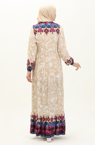 Patterned Viscose Dress 0139-01 Beige Plum 0139-01