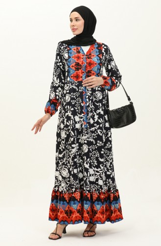 Patterned Viscose Dress 0139-04 Dark Blue Brick Red 0139-04