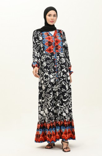 Patterned Viscose Dress 0139-04 Dark Blue Brick Red 0139-04