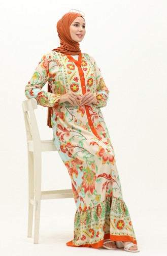 Floral Print Viscose Dress 0140-02 Orange 0140-02