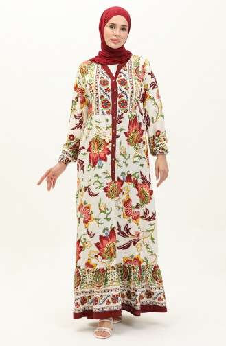 Çiçek Desenli Viskon Elbise 0140-04 Bordo