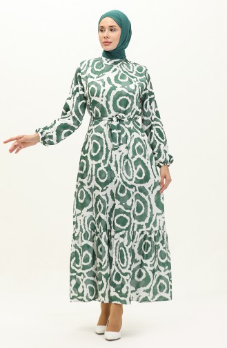 فستان بتصميم مُطبع وحزام للخصر 0229-01 لون كاكي 0229-01