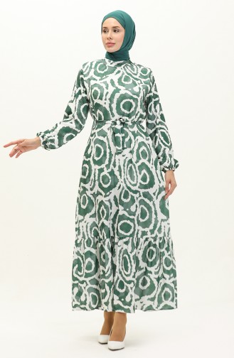 Gemustertes Kleid Mit Gürtel 0229-01 Khaki 0229-01
