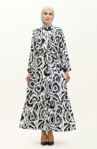 فستان مُطبع بحزام للخصر 0229-02 لون أسود 0229-02