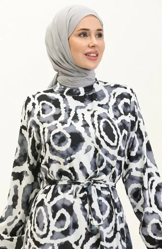 Desenli Kuşaklı Elbise 0229-02 Siyah