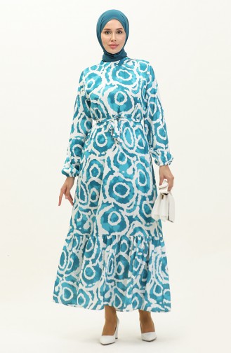 فستان مُطبع بحزام للخصر 0229-03 لون فيروزي 0229-03