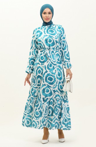 Patterned Belted Dress 0229-03 Turquoise 0229-03