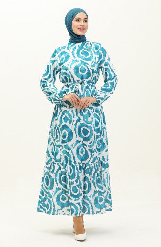 Patterned Belted Dress 0229-03 Turquoise 0229-03