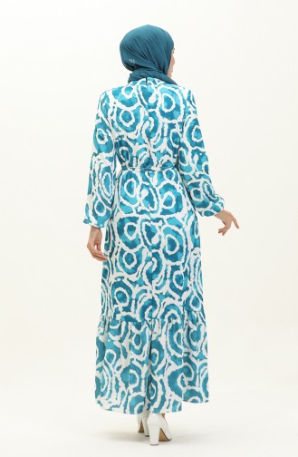 فستان مُطبع بحزام للخصر 0229-03 لون فيروزي 0229-03