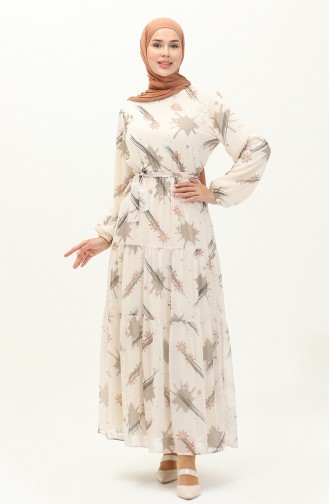 Gemustertes Chiffonkleid mit Gürtel 7006-13 Beige 7006-13