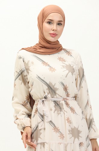 Gemustertes Chiffonkleid mit Gürtel 7006-13 Beige 7006-13