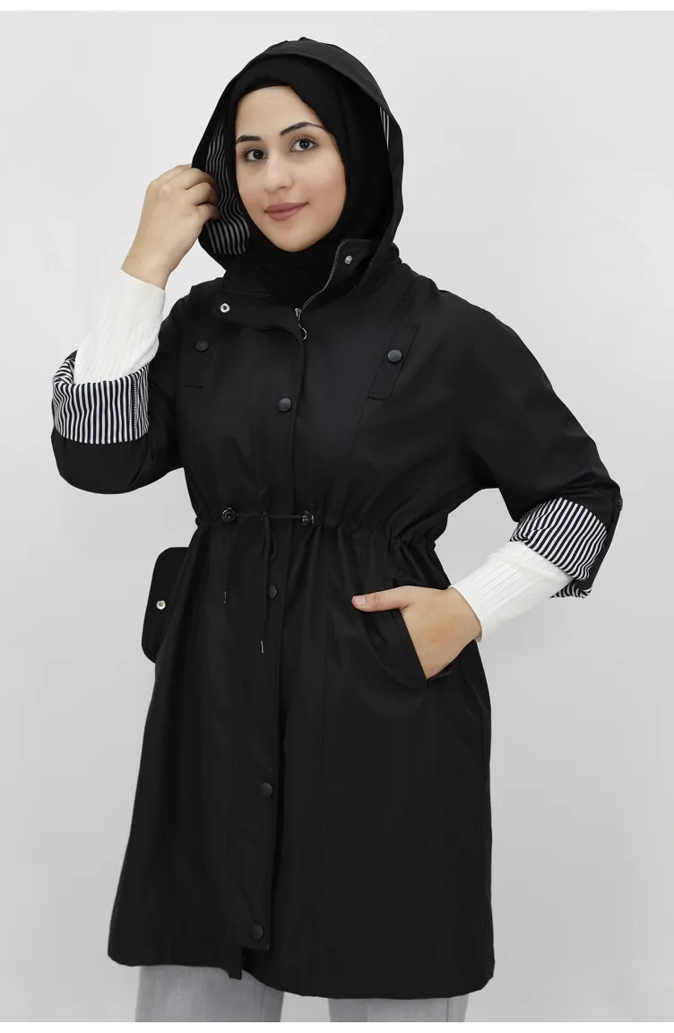 Medium Size Bondit Fabric Large Size Trench Coat 9004-01 Black 9004-01