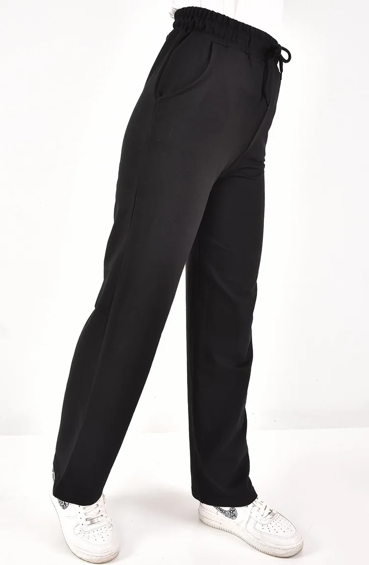 Wide Leg Sweatpants With Waist Lace 6004-02 Black 6004-02