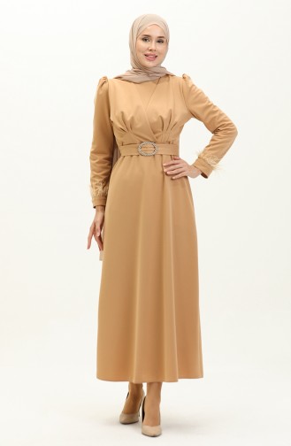 Pleat Detailed Belted Evening Dress 2008-01 Beige 2008-01