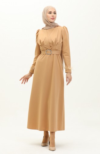 Pleat Detailed Belted Evening Dress 2008-01 Beige 2008-01