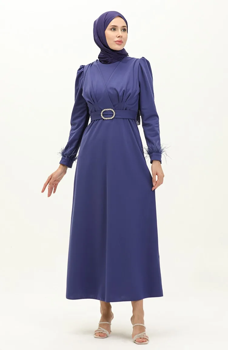 Plissiertes Detailliertes Abendkleid Mit Gürtel 2008-03 Indigo 2008-03
