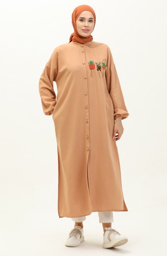 Nakışlı Keten Uzun Tunik 24Y9043-01 Camel